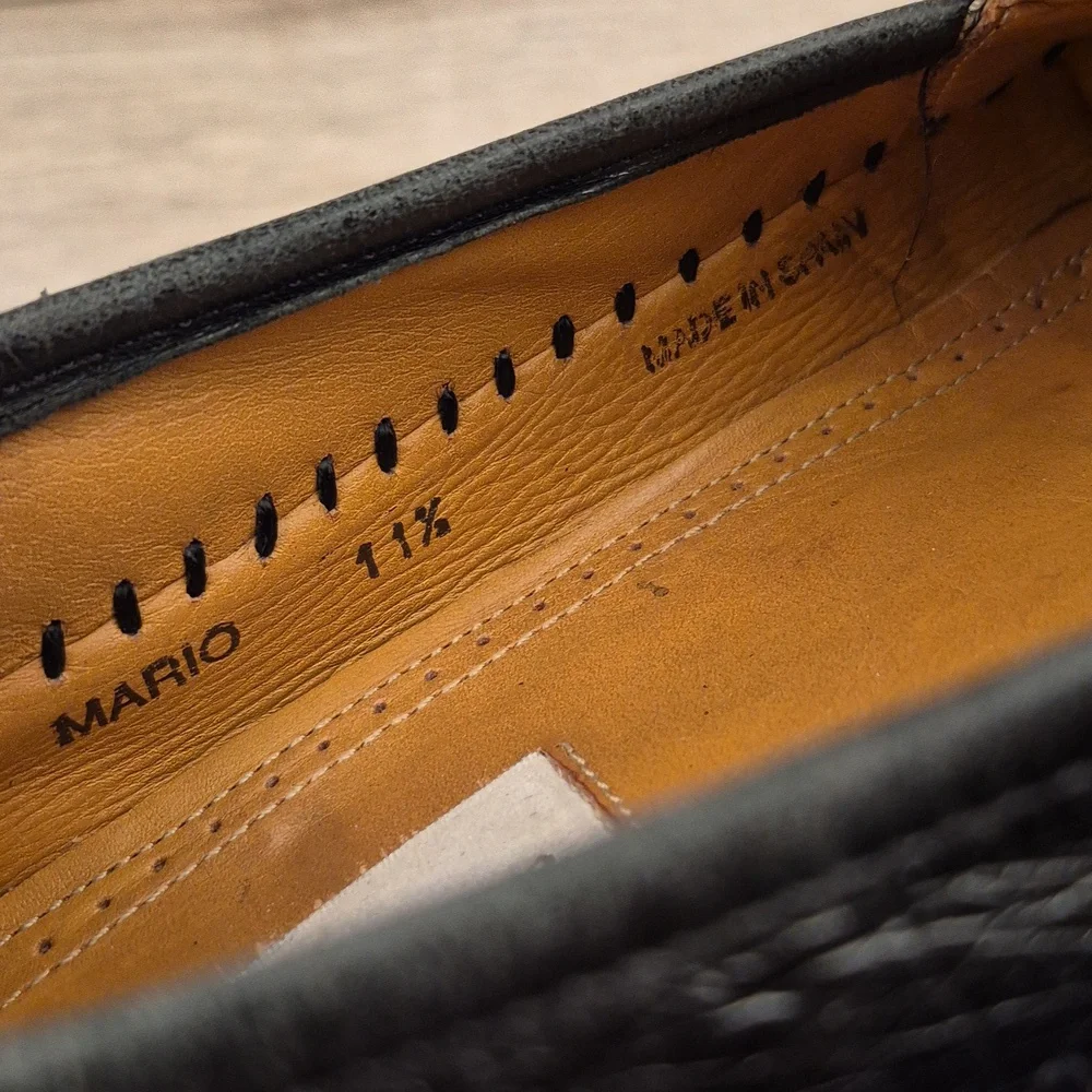 MEZLAN Mario Black‎ Ostrich Pattern Leather Sz 11.5 US Mens Loafers Shoes VTG